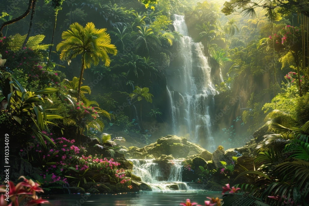 Obraz premium Scenic waterfall surrounded by jungle greenery and rocks, Capture the allure of a hidden waterfall in a remote jungle. Ai generated