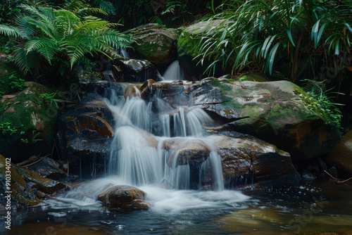 Scenic waterfall surrounded by jungle greenery and rocks, Capture the allure of a hidden waterfall in a remote jungle. Ai generated