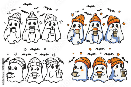Spooky Halloween Ghosts Cute, coffee ghost, vector