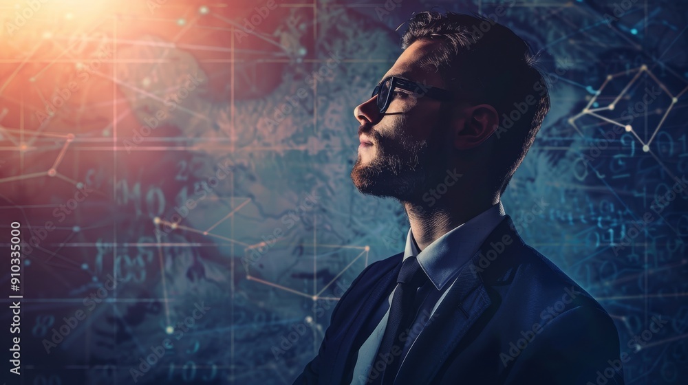 Businessman in Suit with Glasses Looking at Digital World Map Businessman in Suit with Glasses Looking at Digital World Map