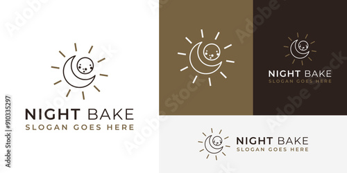 Creative Night Crescent Moon Bake Cookies Bread Bakery Logo Design Branding Template