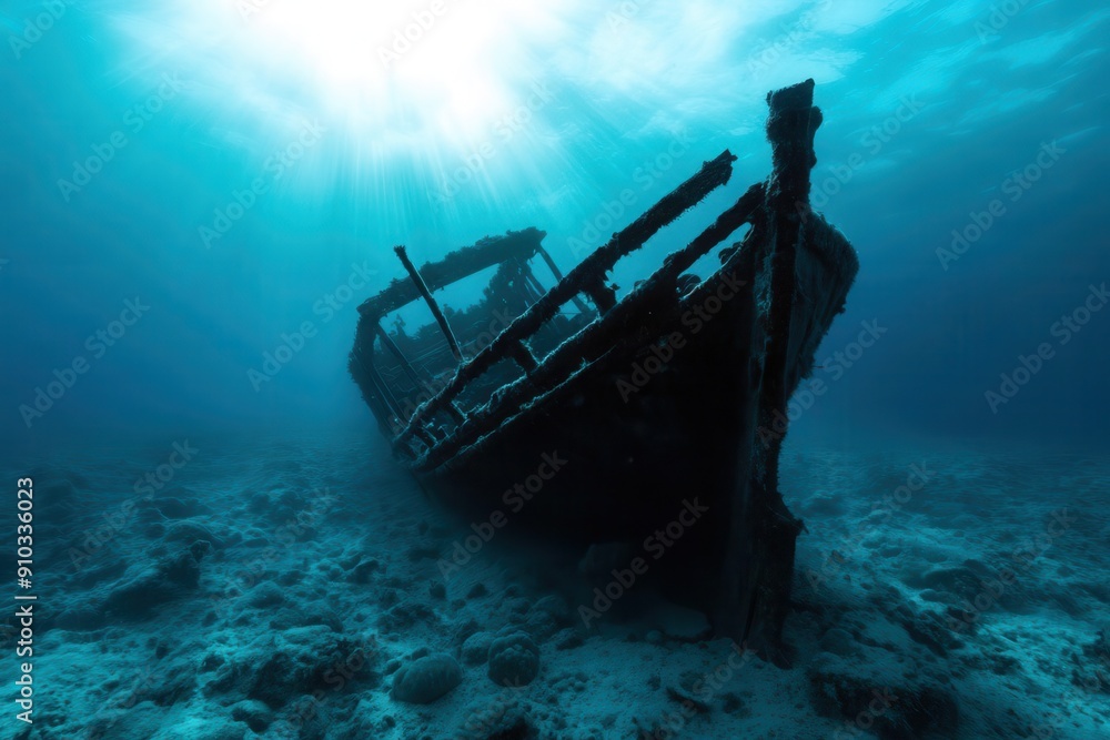 An eerie shipwreck lies beneath the ocean, surrounded by serene blue waters and teeming marine life. An eerie shipwreck lies beneath the ocean, surrounded by serene blue waters and teeming marine life.