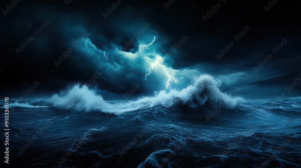 Fototapeta premium Dramatic ocean scene with dark waves illuminated by bright lightning, capturing the power of nature amidst a stormy atmosphere.