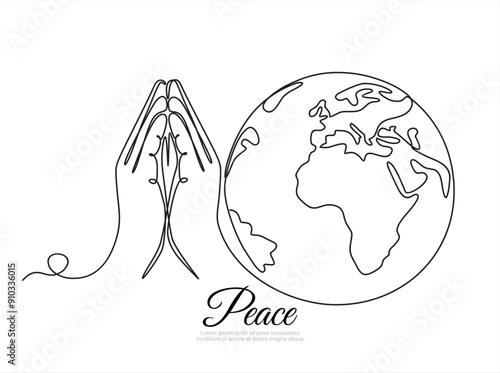 Continuous single one line drawing of Two Hands Pressed Together in Prayer Position and Earth globe. Pray for peace. Action for Prayer, Gratitude, Greeting and Thankful Isolated on White Background