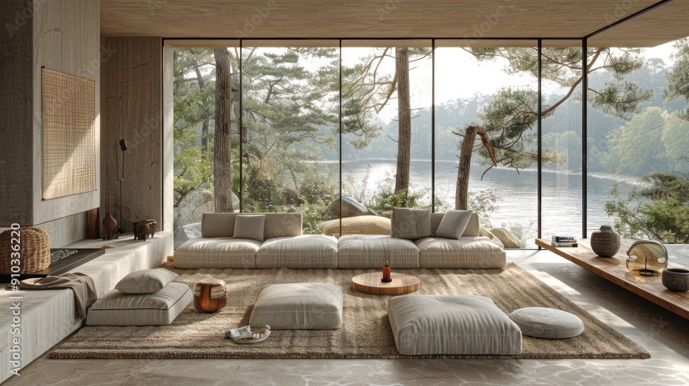 Modern Minimalist Living Room with Stunning Lake View Modern Minimalist Living Room with Stunning Lake View