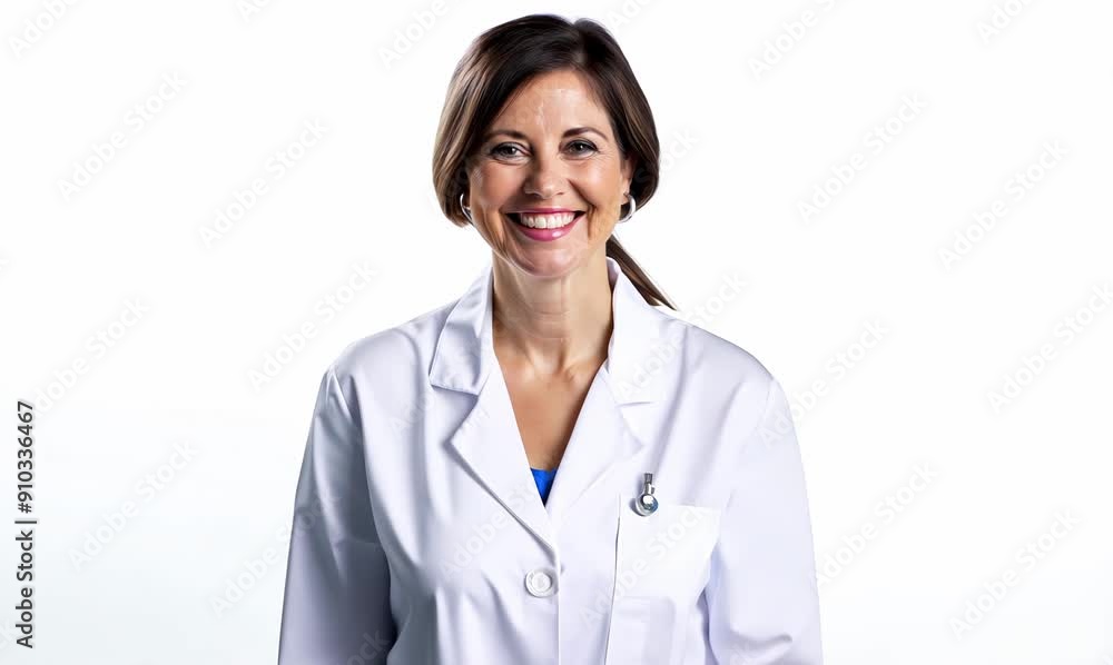 Portrait of a smiling female doctor with white coat on white background Portrait of a smiling female doctor with white coat on white background