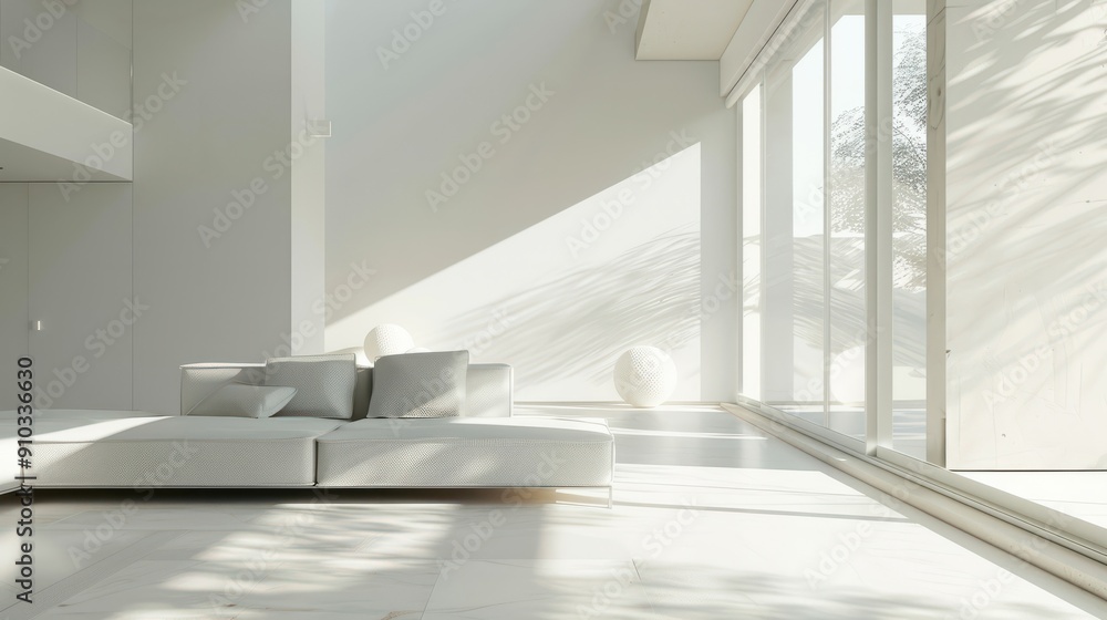 Fototapeta premium Close-up of a minimalist living room in a white house, with clean lines and abundant natural light creating a serene and spacious atmosphere