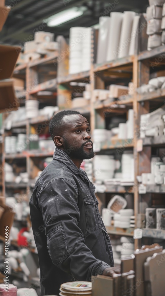 A man thoughtfully inspects items in a warehouse filled with various supplies A man thoughtfully inspects items in a warehouse filled with various supplies