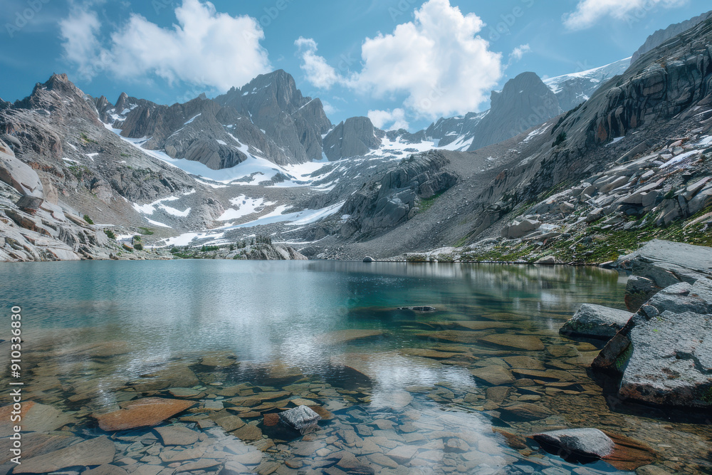 close up horizontal image of a high altitude mountain lake, crystal clear water and reflections