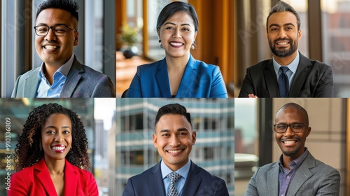 Composite of six individual portraits from diverse ethnic backgrounds, each smiling and dressed in business casual attire, suggesting a professional and inclusive work environment.