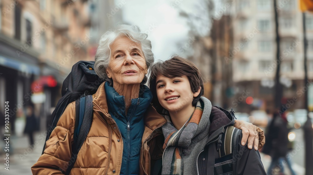 family, generation, people and lifestyle concept - happy senior woman with teenage grandson in city family, generation, people and lifestyle concept - happy senior woman with teenage grandson in city