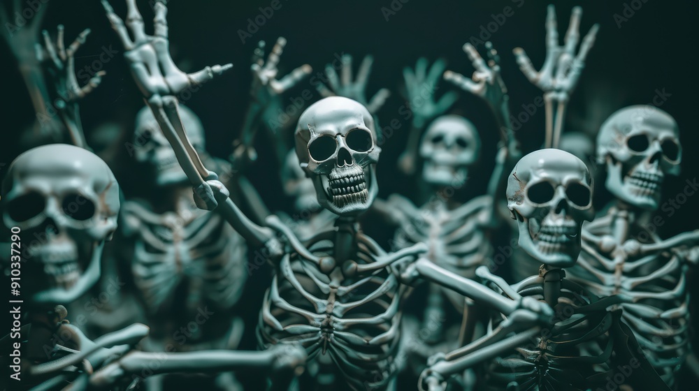 A creepy, Halloween-themed wallpaper depicting skeletons in various spooky poses against a dark, moody background A creepy, Halloween-themed wallpaper depicting skeletons in various spooky poses against a dark, moody background
