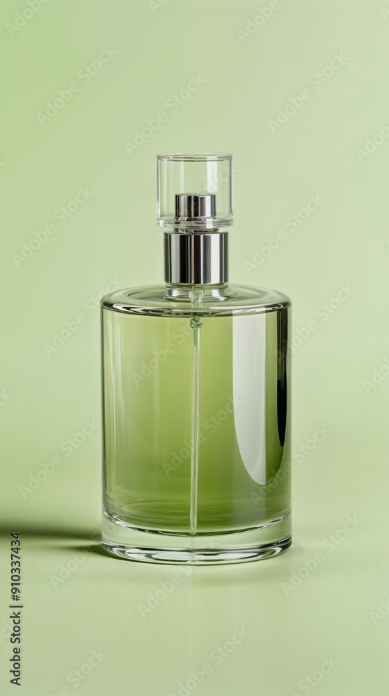 commercial photography, a glass bottle of luxury spray, isolated on muted pastel olive green color background commercial photography, a glass bottle of luxury spray, isolated on muted pastel olive green color background
