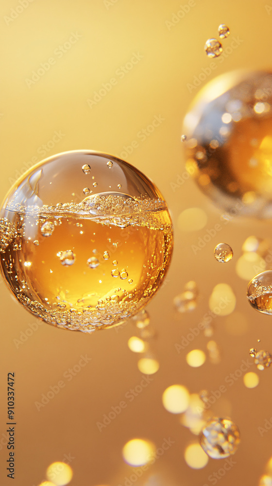 Close-up of golden liquid bubbles in fluid medium, detailed and abstract composition with spherical shapes and luxurious golden hue Close-up of golden liquid bubbles in fluid medium, detailed and abstract composition with spherical shapes and luxurious golden hue