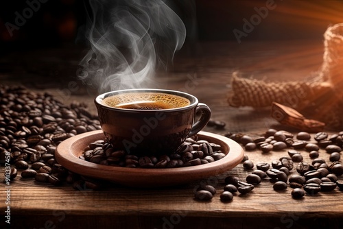 a cup of warm coffee in a glass and decorated with coffee beans on the concept of world coffee day with generative ai