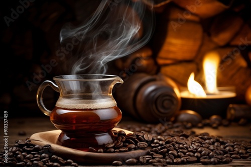 a cup of warm coffee in a glass and decorated with coffee beans on the concept of world coffee day with generative ai