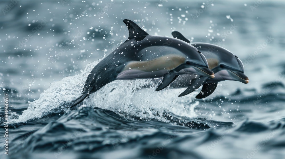 Fototapeta premium Dolphins Jumping Through Ocean Waves.