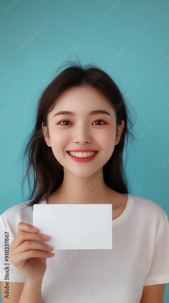 Cheerful Asian Woman Holding White Card with Travel Theme, Smiling Brightly on Blue Background - Lifestyle Concept with Text Space Cheerful Asian Woman Holding White Card with Travel Theme, Smiling Brightly on Blue Background - Lifestyle Concept with Text Space
