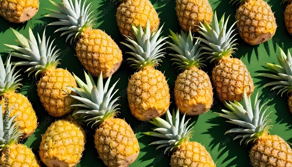 A close-up view of many ripe, golden pineapples arranged in a grid pattern against a lush, green background A close-up view of many ripe, golden pineapples arranged in a grid pattern against a lush, green background