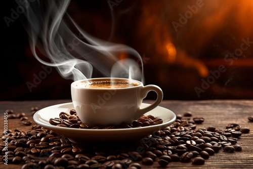 a cup of warm coffee in a glass and decorated with coffee beans on the concept of world coffee day with generative ai