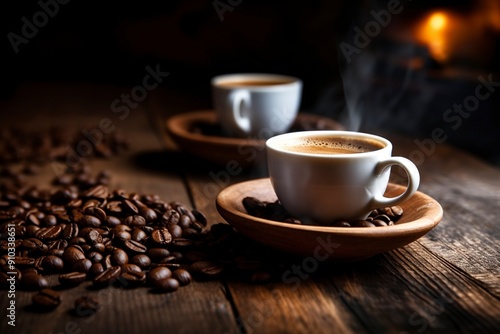 a cup of warm coffee in a glass and decorated with coffee beans on the concept of world coffee day with generative ai