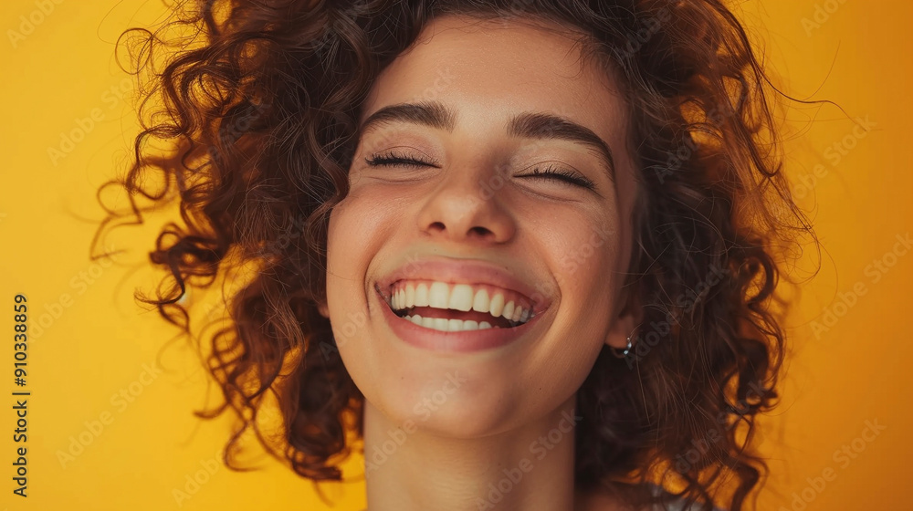 Happy woman isolated on pastel yellow background Happy woman isolated on pastel yellow background