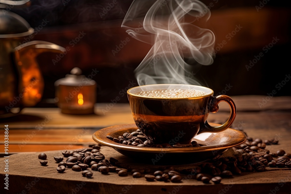 a cup of warm coffee in a glass and decorated with coffee beans on the concept of world coffee day with generative ai a cup of warm coffee in a glass and decorated with coffee beans on the concept of world coffee day with generative ai