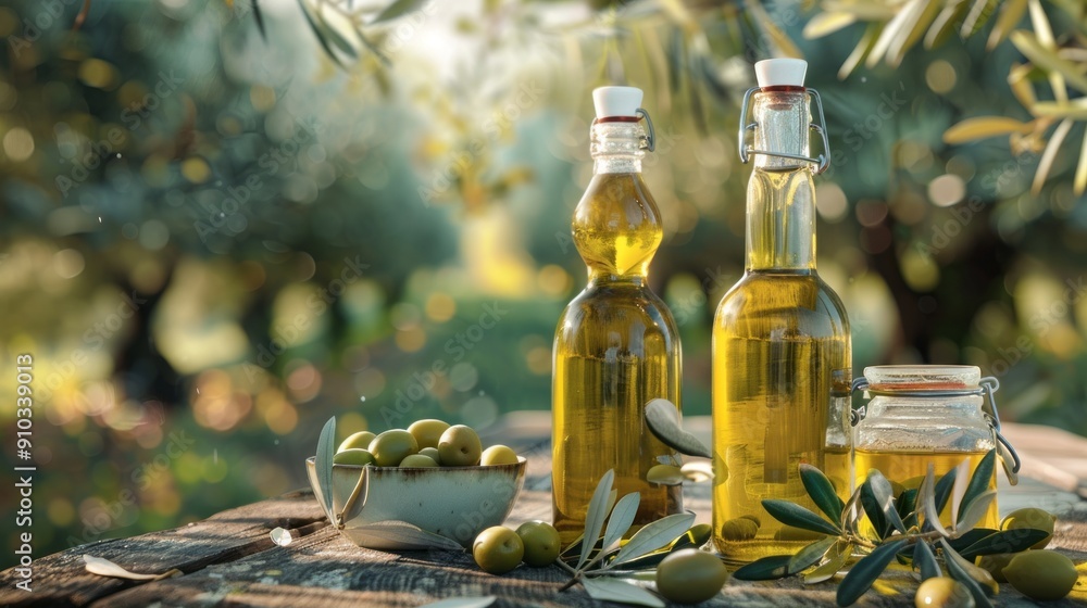 Two bottles of olive oil sit on a table next to a bowl of olives Two bottles of olive oil sit on a table next to a bowl of olives