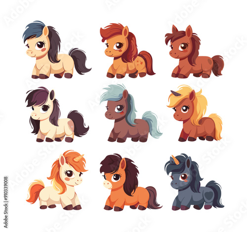 Little horses cartoon vector concepts. Small equines ponies hair tail figures magical vibrant creatures imagination joyful animation inventive amusement kids isolated illustrations