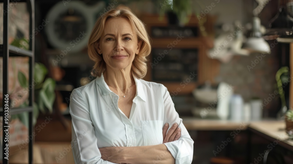 Fototapeta premium Portrait of sincerely smiling middle aged elegant small business owner, female company manager, happy beautiful mature female manager