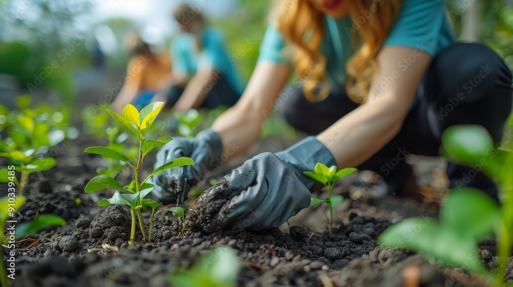 Fototapeta premium A woman is planting a tree in a garden