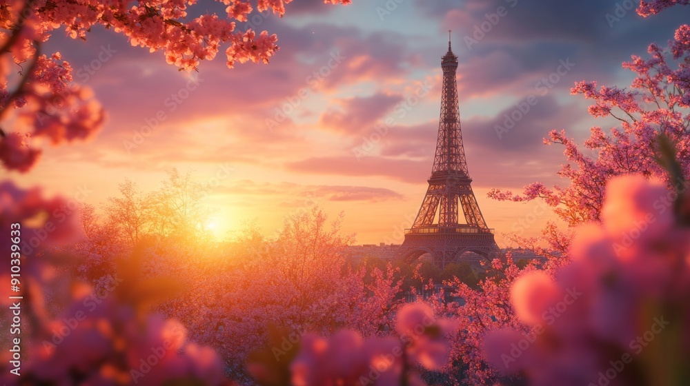 Eiffel Tower at sunset in spring capturing the blooming flowers in Paris Eiffel Tower at sunset in spring capturing the blooming flowers in Paris