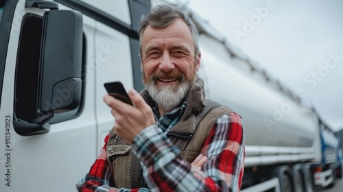 Smiling mature man using mobile phone while standing near his semi truck photo