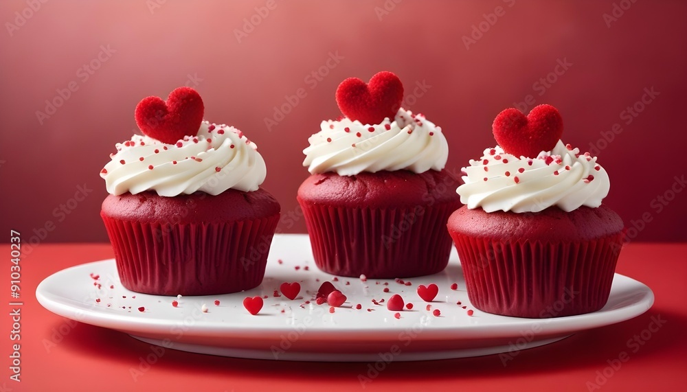 Three red velvet cupcakes with white frosting and heart-shaped sprinkles on a red background Three red velvet cupcakes with white frosting and heart-shaped sprinkles on a red background