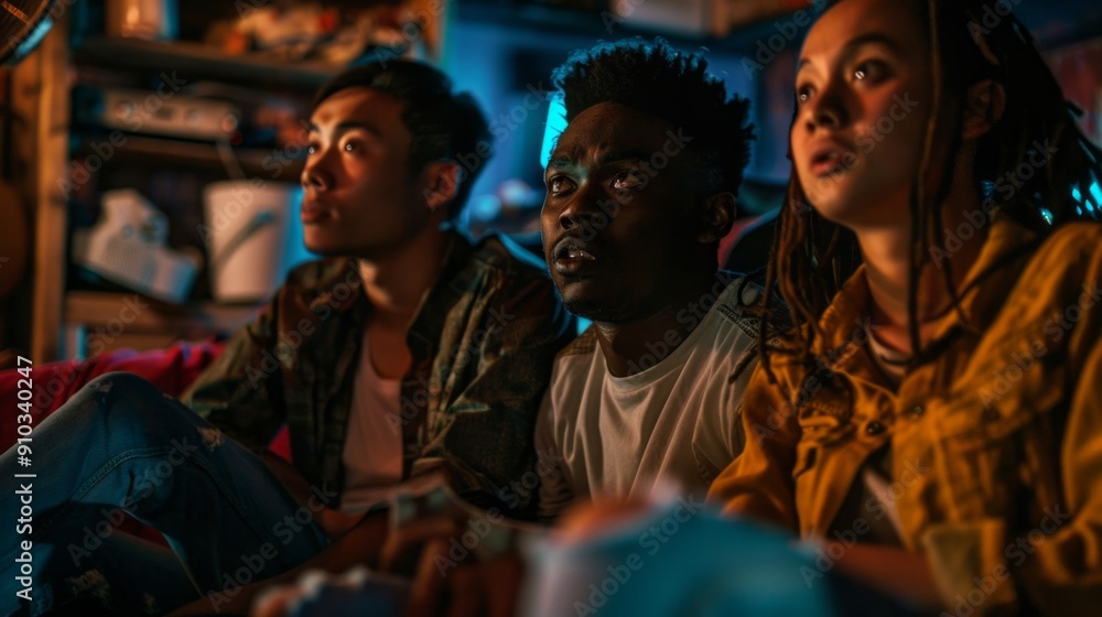 Obraz premium Three people are sitting on a couch and playing a video game