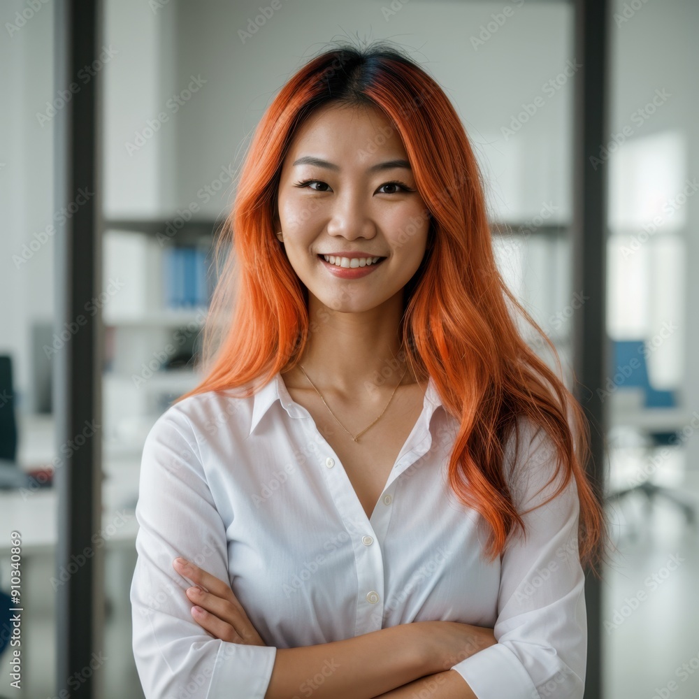 Happy woman with crossed arms in white shirt standing in an office Happy woman with crossed arms in white shirt standing in an office