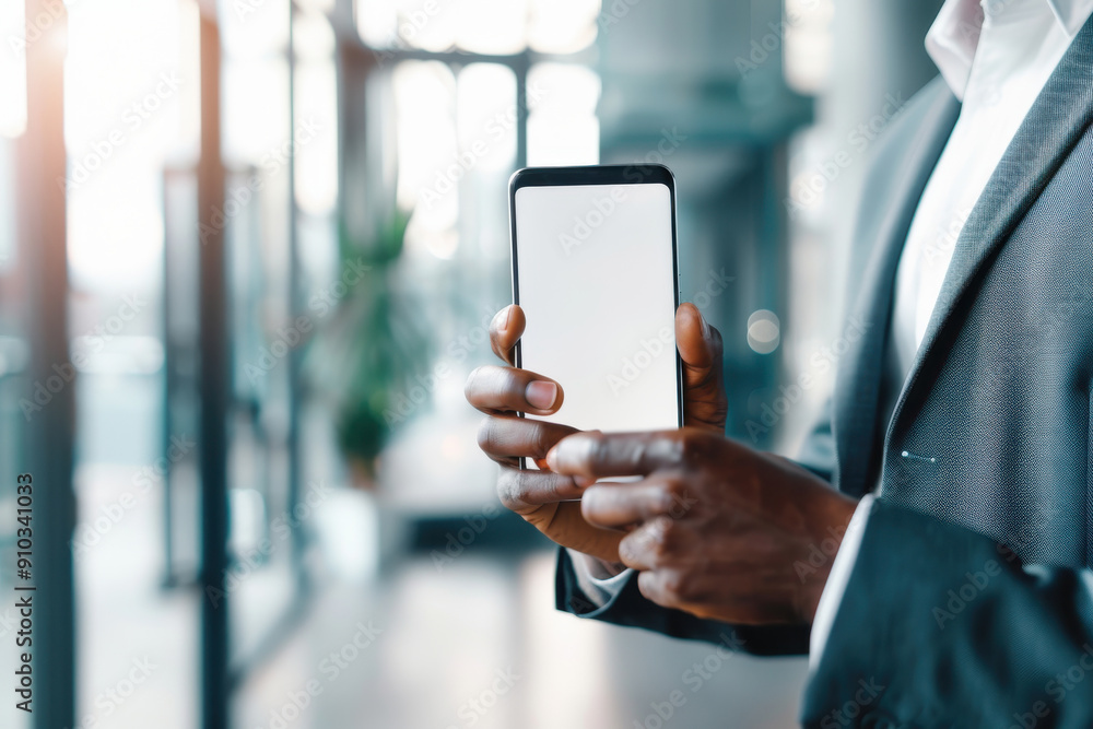 A person holding a smartphone in a modern office A person holding a smartphone in a modern office