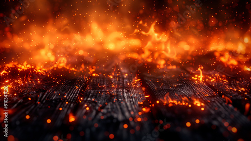 Fiery Wooden Surface - Flames and Embers in Close-Up