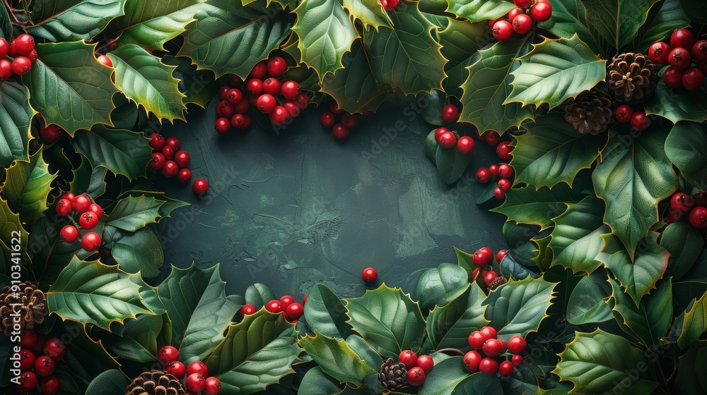 Christmas background featuring holly leaves and berries framing dark green surface Christmas background featuring holly leaves and berries framing dark green surface
