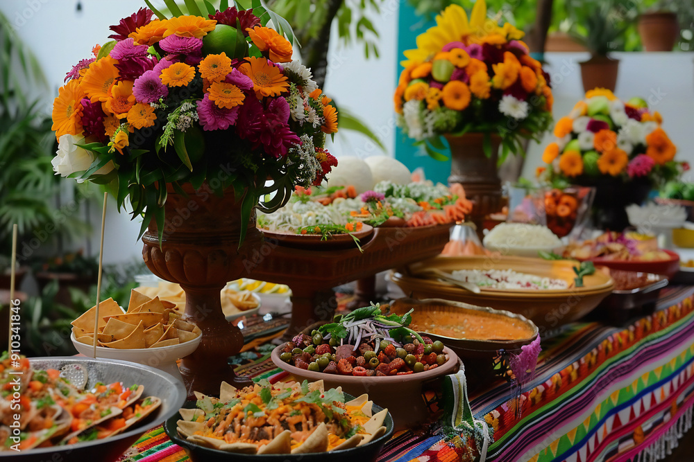 Fototapeta premium Colorful Food Spread: Vibrant and Festive Table with Decorative Food and Flowers for Celebrations