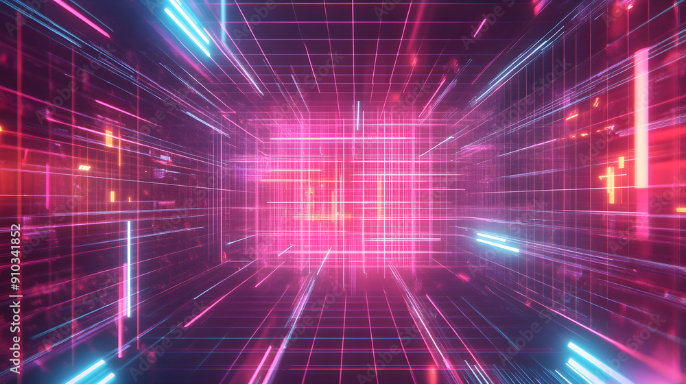 A vibrant digital tunnel with glowing neon lines in pink and blue creating a futuristic atmosphere of depth and movement A vibrant digital tunnel with glowing neon lines in pink and blue creating a futuristic atmosphere of depth and movement