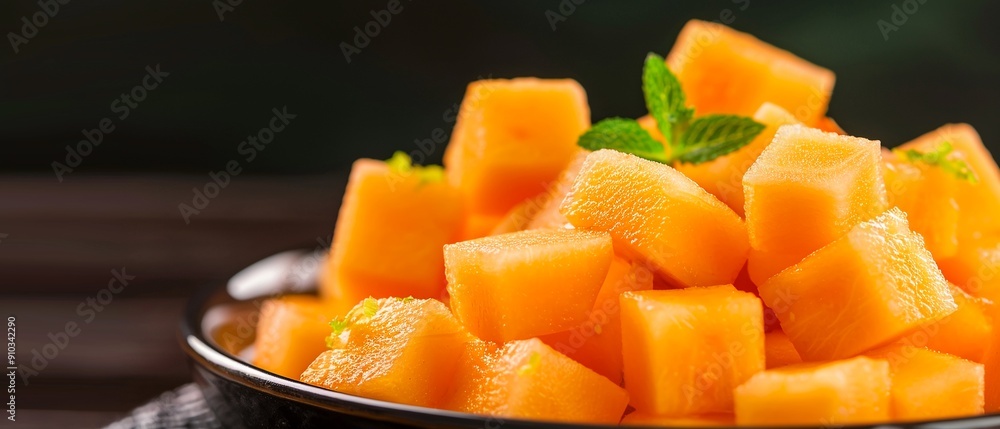 A closeup of ripe, chilled cantaloupe cubes served in a glass bowl with a hint of lime zest, showcasing a solid and crisp summer dessert 8K , high-resolution, ultra HD,up32K HD A closeup of ripe, chilled cantaloupe cubes served in a glass bowl with a hint of lime zest, showcasing a solid and crisp summer dessert 8K , high-resolution, ultra HD,up32K HD
