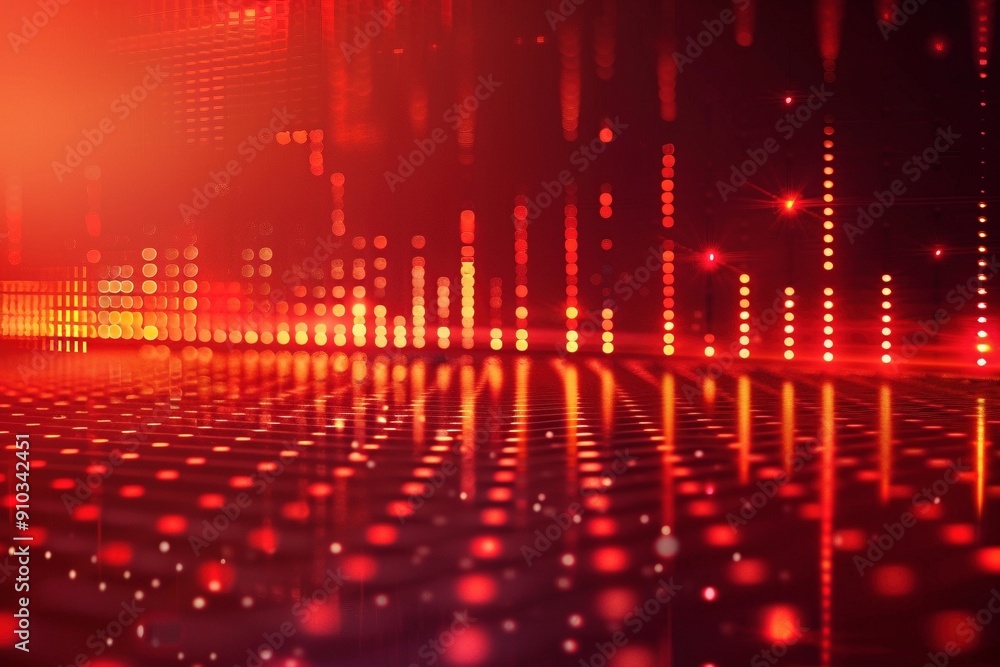 Sound frequency dot level meters arranged on a glossy red background with chevron patterns Sound frequency dot level meters arranged on a glossy red background with chevron patterns