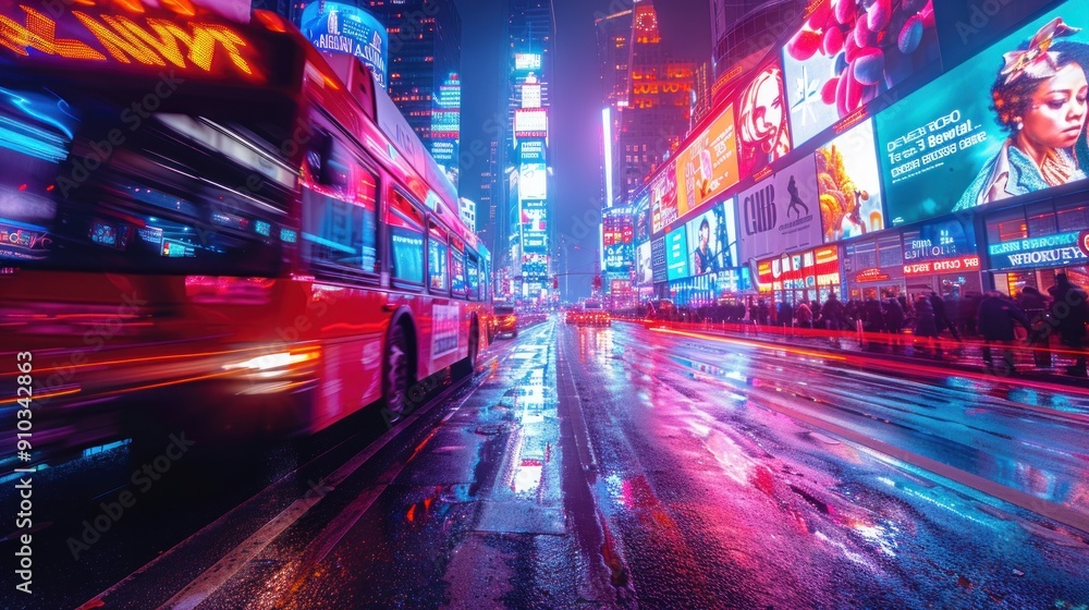 Nighttime Cityscape with Vibrant Lights and a Blurred Bus Nighttime Cityscape with Vibrant Lights and a Blurred Bus