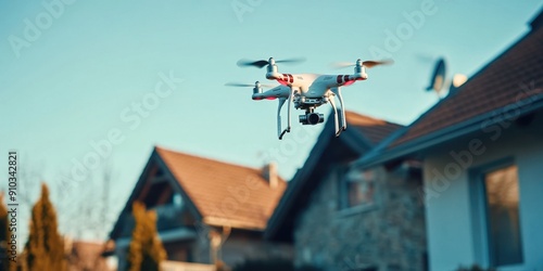 A small white drone flies above a residential house