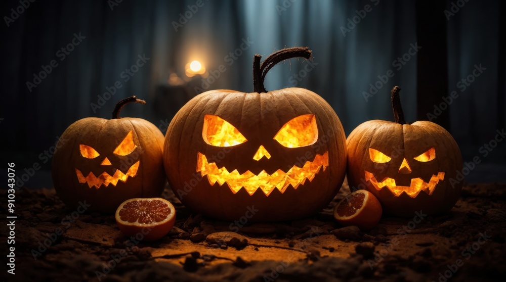 Mystic glow of jack-o'-lanterns in the forest Mystic glow of jack-o'-lanterns in the forest