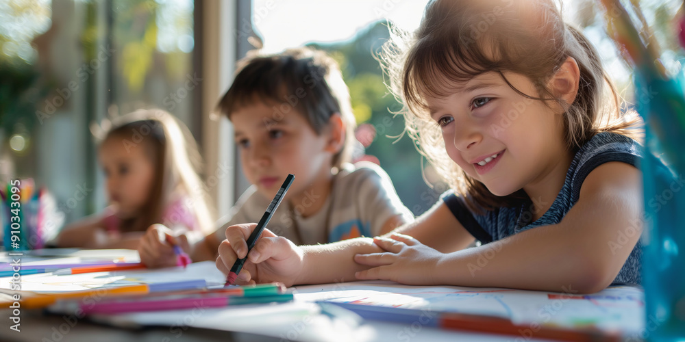 Cute children drawing with colorful pencils at a daycare. Creative kids painting at school. Cute children drawing with colorful pencils at a daycare. Creative kids painting at school.