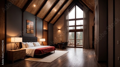 Modern Cozy Bedroom Soft Lighting Wood Elements Big Windows  photo