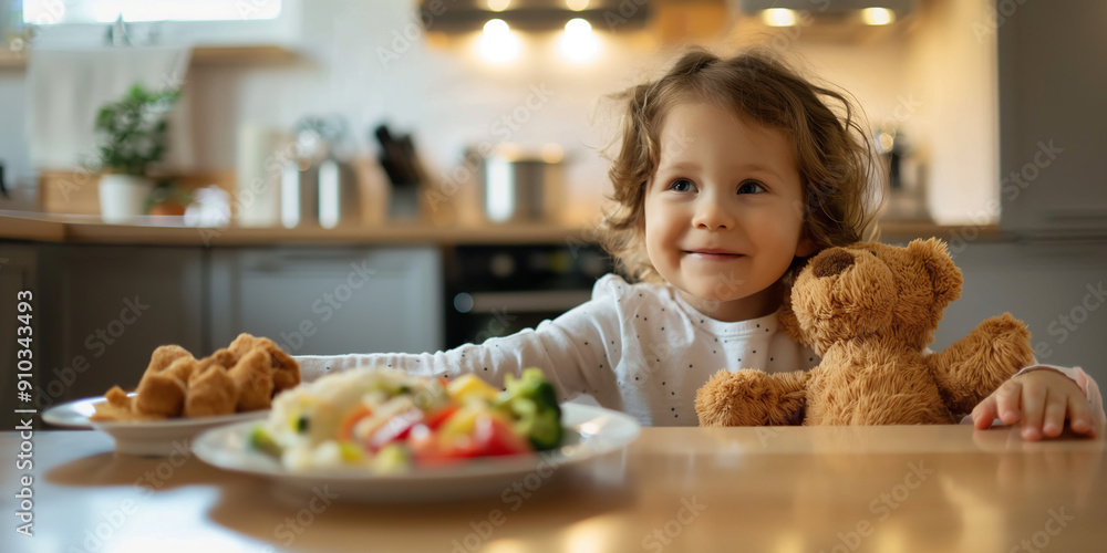 Cute little child sitting by the table eating their meal with a teddy. Feeding a kid healthy food. Cute little child sitting by the table eating their meal with a teddy. Feeding a kid healthy food.