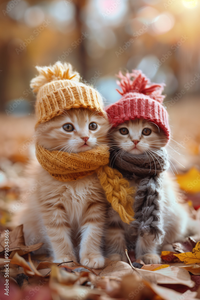 Two cute funny kittens wearing knitted hats and scarfs on cold autumn day in a forest. Two cute funny kittens wearing knitted hats and scarfs on cold autumn day in a forest.